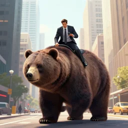 a business man riding a giant bear in the city, digital art, 8 k resolution