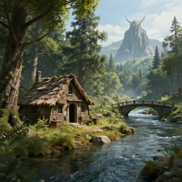 a shack in the woods near a river, little medieval bridge over river, eye of sauron in background, realistic, octane render, ultra detailed, artstation award winner