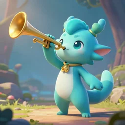 cyan cute spirit axie pet warningly blowing trumpet, fantasy, style artstation, style greg rutkowsk, octane render, unreal engine 6, epic game graphics, fantasy, conceptual art, ray tracing