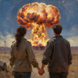 a couple holding hands looking at a nuclear explosion, oil painting, realism very beautiful