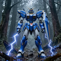Azure Wolf 🐺 GUNDAM on a destroyed forest under heavy rain, cinematic lighting, Lightning arc plasma, symmetric full body azure GUNDAM mecha, GUNDAM wing style armor, GUNDAM armor, samurai armor, mortar heads, mech suit, full body armor, lamellar armor, exoskeleton, post processing, ultra detailed, trending on artstation