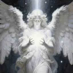 highdetailed hyperrealistic painting of white angel!!! giant ball of miracle light from the chest!!!!!, white sparkles everywhere, 4 k hd fur face!!!, big wings nor cropped, the light passes through the body starting from the head, by caravaggio, holography space, glow effect, large strokes, white monochrome color, exclude all colors except white