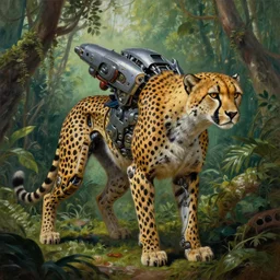 a highly detailed robotic anthropomorphic humanoid spotted cheetah mecha posing in a jungle, moebius, cowboy bebop, national geographic, 4 k, 8 k, highly detailed, sharp, oil on canvas