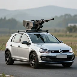 volkswagen golf hatchback with mounted machine gun turret on the roof
