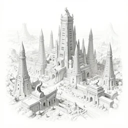 A beautiful illustration of an ancient city built by advanced Feline Aliens by Robert McCall and Ralph McQuarrie | sparth:.2 | Time white:.2 | Rodney Matthews:.2 | Graphic Novel, Visual Novel, Colored Pencil, Comic Book:.1 | unreal engine:.3 | first person perspective | viewed from below | establishing shot:.7