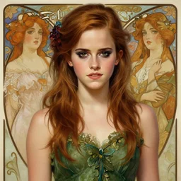 a beautiful painting of emma watson dressed as a teenage poison ivy, dark eyeliner, intricate, elegant, highly detailed, digital painting, artstation, concept art, matte, sharp focus, illustration, art by rebecca guay and by arthur rackham and by alphonse mucha and by john william waterhouse