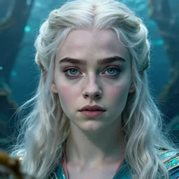 Daenerys Targaryen as a mermeid with a piercing gaze with hair as bikini in an underwater magical forest, highly detailed face, realistic face, beautiful detailed eyes, fantasy art, in the style of artgerm, illustration, epic, fantasy, intricate, hyper detailed, artstation, concept art, smooth, sharp focus, ray tracing, vibrant, photorealistic
