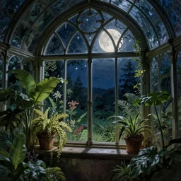 inside a gothic glass greenhouse with lots of plants looking out a windowsill at night, stars and full moon in the style of aubrey beardsley trending on art station