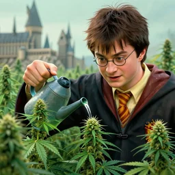 harry potter watering a cannabis field in hogwarts, marijuana plants, realistic face, digital illustration, in the style of greg rutkowski, very detailed, artstation, smooth, cinematic, sharp