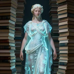 a portrait of the goddess minerva surrounded by stacks of books, bioluminescent gown with deep level of detail of esoteric symbols, urban motifs, intricate, elegant, highly detailed, digital painting, trending on artstation, concept art, smooth sharp focus, illustration, art by artgerm and greg rutkowski, extremely high quality, surrealism