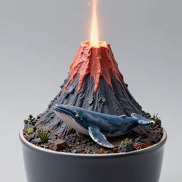 a octane render of volcano and a tiny whale inside a cup, close - up studio photo, lighting path traced, highly detailed, high quality, hyper - realistic, max accurate,