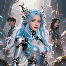 background is surrounded by epic sci fi landscape by simon stalenhag and a beautiful portrait of a sci fi witch with mecha implants with floral blue pastel flowy long hair centered facing the camera in the style of a code vein character, sana from twice in code vein in the style of wlop, artgerm, yasutomo oka, yuumei, rendered in unreal engine and redshift octane, digital art dynamic dramatic lighting, soft lighting, imagine fx, artstation, cgsociety, by bandai namco artist, hi tech solarpunk