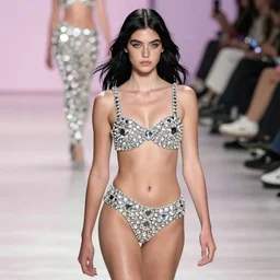 olivia wearing an outfit made from raw diamonds, catwalking at new york fashion week, sporty physique, black hair, freckles, pale skin, photo by greg rutkowski, stage lighting, soft colors, female beauty, intricate detail, elegance, 3 5 mm, depth of field, masterpiece