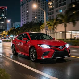 Red 2022 Toyota Camry driving down a wet road in Miami at night with streetlights and neon lit buildings, 8k, Photorealistic, Hyperrealistic, High Detail, High Definition
