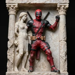 deadpool as statue in old greek, carving, stone