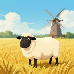 a black - headed sheep in a wheat field in front of a windmill photoshop filter cutout vector, behance hd by jesper ejsing, by rhads, makoto shinkai and lois van baarle, ilya kuvshinov, rossdraws global illumination