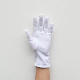 a disembodied white gloved hand waving from behind a wall