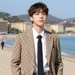 portrait of Taehyung wearing a Gucci suit at the beach in Italy, highly detailed,