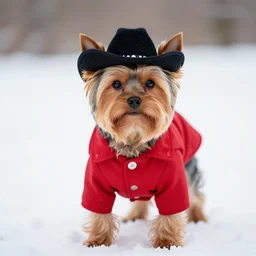 a portrait of a yorkshire dog wearing a red coat and a black cowboy hat in the snow, Sigma 85mm f/1.4
