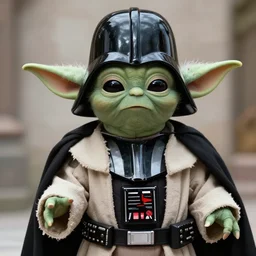 A realistic photo of Darth Vader dressed as Yoda
