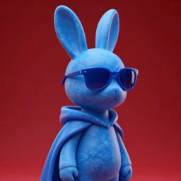rabbit groot as marble statue with sunglasses, blue sunglasses, in red background, soft blue texture, blue realistic 3 d render, high blue lights, 4 k, high detailed photography cape, 5 0 mm lens, rich blue colors, smooth gradients, depth of field, cinematic, hyper realism, high detail, octane render, unreal engine, 8 k very red colors