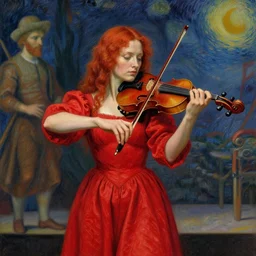 woman with red hair red dress at the center of the stage playing redwood violin, artistic, renaissance, soft, detailed, vincent van gogh, greg rutowski, michaelangelo, artwork of the century, precision
