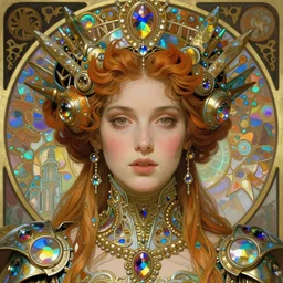 realistic detailed face portrait of a beautiful futuristic italian renaissance queen in opulent alien cyberpunk armor by alphonse mucha, ayami kojima, amano, greg hildebrandt, and mark brooks, female, feminine, art nouveau, italian renaissance cyberpunk, iridescent venetian blown glass, neo - gothic, gothic, character concept design