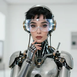 centered portrait of soulful young elizabeth taylor as a solarpunk mecha humanoid robotic parts wearing crystal visor with bright led lights, real human face, pudica gesture bouguereau style, in white room, ultra - realistic and intricate, soft portrait shot 8 k