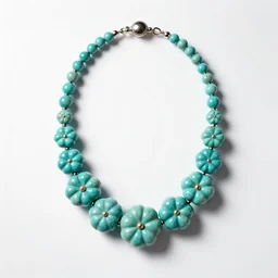 elegant turquoise squash blossom necklace, professional product shot, isolated on a pure white background, centered, entire object in frame, sharp focus, soft studio lighting