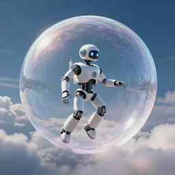 a robot floating inside of a soap bubble among the clouds, ethereal, fantasy, style of tom hildebrandt