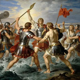 Roman legion doing battle with the ocean, classicism, romanticism, Renaissance, artwork, hyper detailed, 4k l, masterpiece, Divine work, Artwork by De Morgan, Evelyn