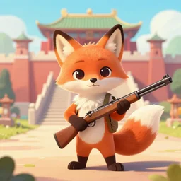 a cute anthropomorphic fox holding a rifle and guarding a palace