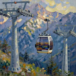 leitner ropeway cabin gondola going to the mountains, monet style painting