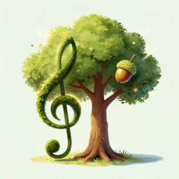 a digital painting of an acorn that turns into a tree in the shape of a treble clef with some light effects, dynamic and energetic