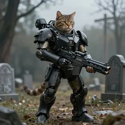 photorealistic anthropomorphic cat, wearing black huge cyber robot exoskeleton big power armor without helmet, holding huge laser gatling gun, post apocalyptic cinematic photorealistic background, still, standing on graveyard