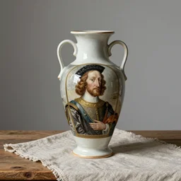 beautiful studio photograph of a ceramics display with hans holbein portrait painted onto a tall angular stoneware vase with handles placed on a tablecloth on a wooden table, hyperrealism 8 k trending on artstation