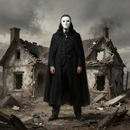 a man in a presidential mask and a black cloak stands on the ruins of a burnt house, concept art