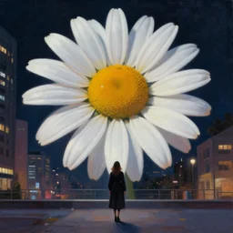 giant daisy flower head, woman in modern city, surreal photography, night light, dark, impressionist painting, digital painting, artstation, simon stalenhag