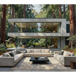 living room of a modern villa made of glass and concrete surrounded by sequoias, detailed photorealistic painting by edward hopper