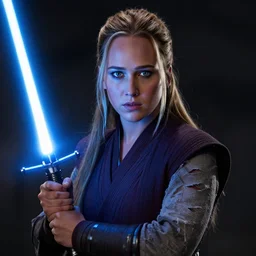 jennifer lawrence as a jedi, battle scared with ripped clothes, holding up a blue lightsaber, very dark background, official new star wars episode xi movie poster from lucas arts, perfect symmetrical face, moody lighting, 8 k, shallow depth of field, intricate detail,