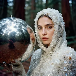 a color photograph, closeup portrait of a woman wrapped in bismuth crystals, standing next to a reflective titanium orb, in a redwood forest, color photograph, by vincent desiderio, canon eos c 3 0 0, ƒ 1. 8, 3 5 mm, 8 k, medium - format print