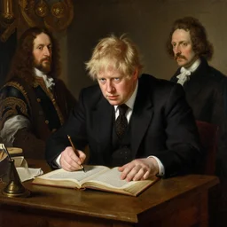 Boris Johnson writing the vulgate, painted by Rembrandt and Sargent