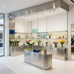 flower retail shop designed by interior design studio plainoddity, stainless steel and color glass, white schema