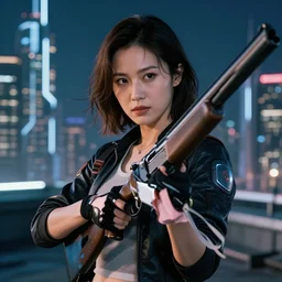 photographic portrait of a techwear woman holding a shotgun, closeup, on the rooftop of a futuristic city at night, sigma 85mm f/1.4, 4k, depth of field, high resolution, full color, Die Hard, movie firearms
