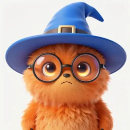 ultra-realistic ultra-detailed adorable fluffy bioluminiscent creature, orange fur, beautiful light big eyes, big round glasses, blue witch hat, tiny mouth, 😕, clean white background, DOF, soft lighting, octane rendering, unreal engine render, ultra detailed cinematic