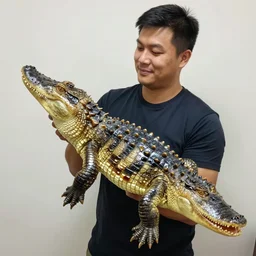 man holding a massive gummy aligator glossy, detailed, realistic high resolution photo
