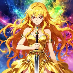 portrait girl in futuristic luxurious golden dress holding a ceremonial sword, long curvy hair, colourful palette, pretty face, cute face, symmetrical face, intimidating expression, red eyes, anime by greg rutkowski rossdraws makoto shinkai, adobe illustrator, trending on pixiv, behance