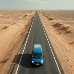 a blue van driving into the distance on an deserted highway in the desert, bird's eye view, wide angle lens, movie poster art, illustration, detailed, cinematic lighting, movie concept art, cinematic framing