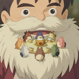 tiny imaginary creatures having tea party inside a humans beard. anime. in a style of hayao miyazaki.