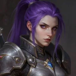 alexey gurylev, close up portrait, pale woman in sci - fi armor with purple ponytail hair, mysterious, deep focus, d & d, complex, elegant, highly detailed, digital painting, artstation, concept art, matte, clear focus, illustration, hearthstone, artgerm art, greg rutkovsky and alphonse mucha
